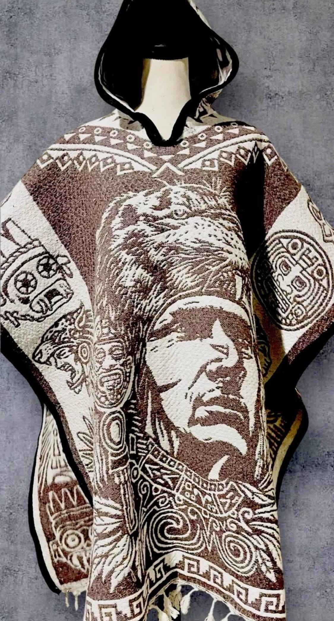 Mexican Double Sided Poncho Aztec and Jaguar Poncho Gavan Azteca con Jaguar Doble Vista