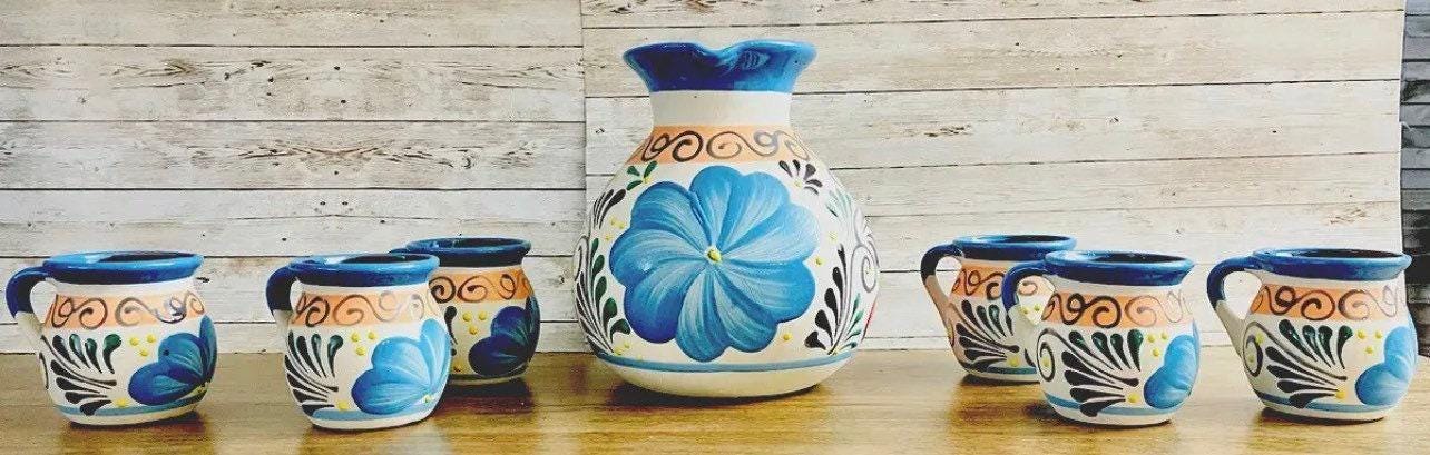 Terra Cotta Mexican Art Pottery Pitcher With 6 Cups Jarra Artesanal Mexicana