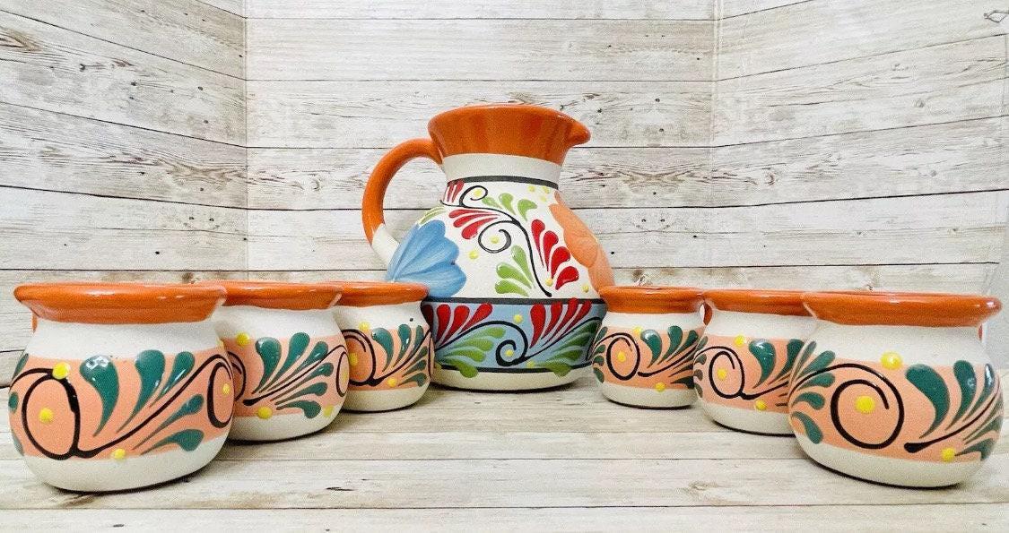Terra Cotta Mexican Art Pottery Pitcher With 6 Cups Jarra Artesanal Mexicana