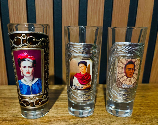 3x Frida Kahlo Mexican Glass Shot Cups Vasos Tequileros De Vidrio de Frida Kahlo Set De 3x