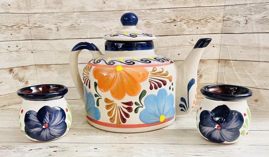 Terra Cotta Mexican Art Pottery CoffeeTea Pot with 2 Mugs Jarra Lechera Cafetera Artesanal Mexicana Engove con 2 Tazas