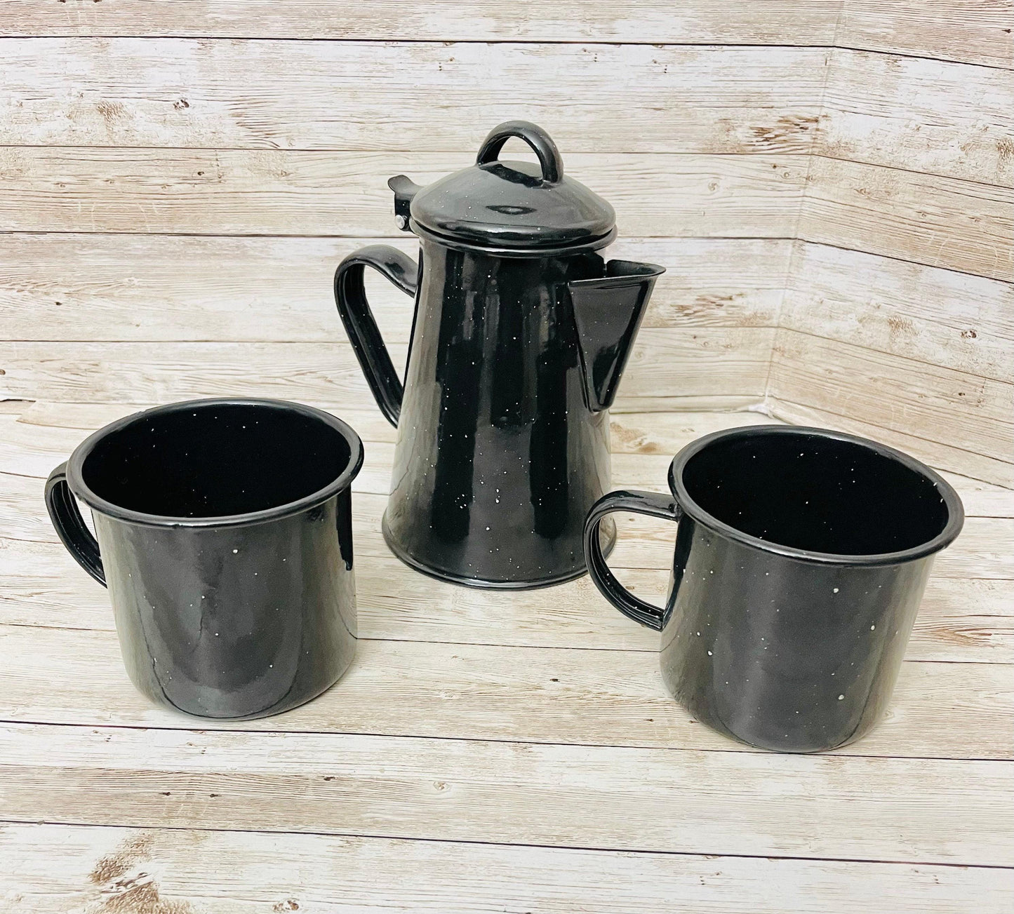 Enamelware Coffee Tea Pot & 2  Cups Cafetera de Peltre con 2 Tazas Peltre Mexicano