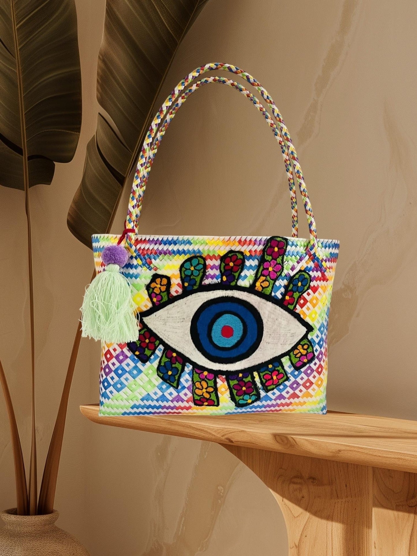 Hamsa Evil Eye Hand Woven Plastic Tote Bolsa Mexicana Artesenal Hamsa Mal De Ojo