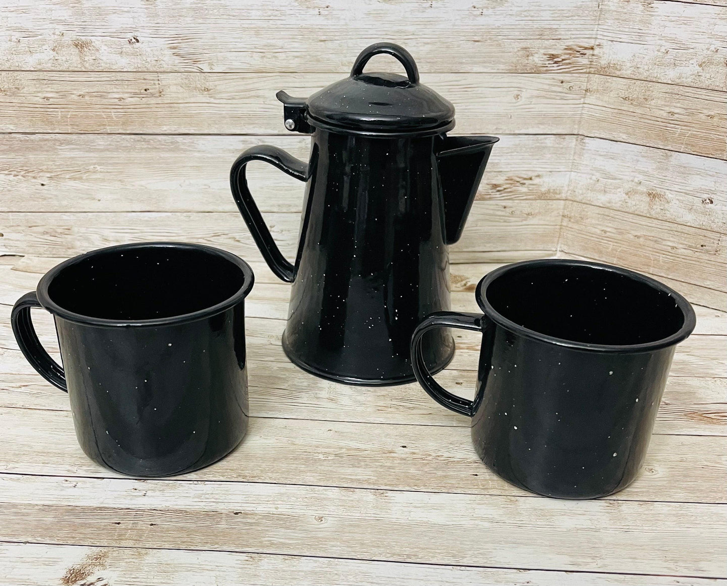 Enamelware Coffee Tea Pot & 2  Cups Cafetera de Peltre con 2 Tazas Peltre Mexicano