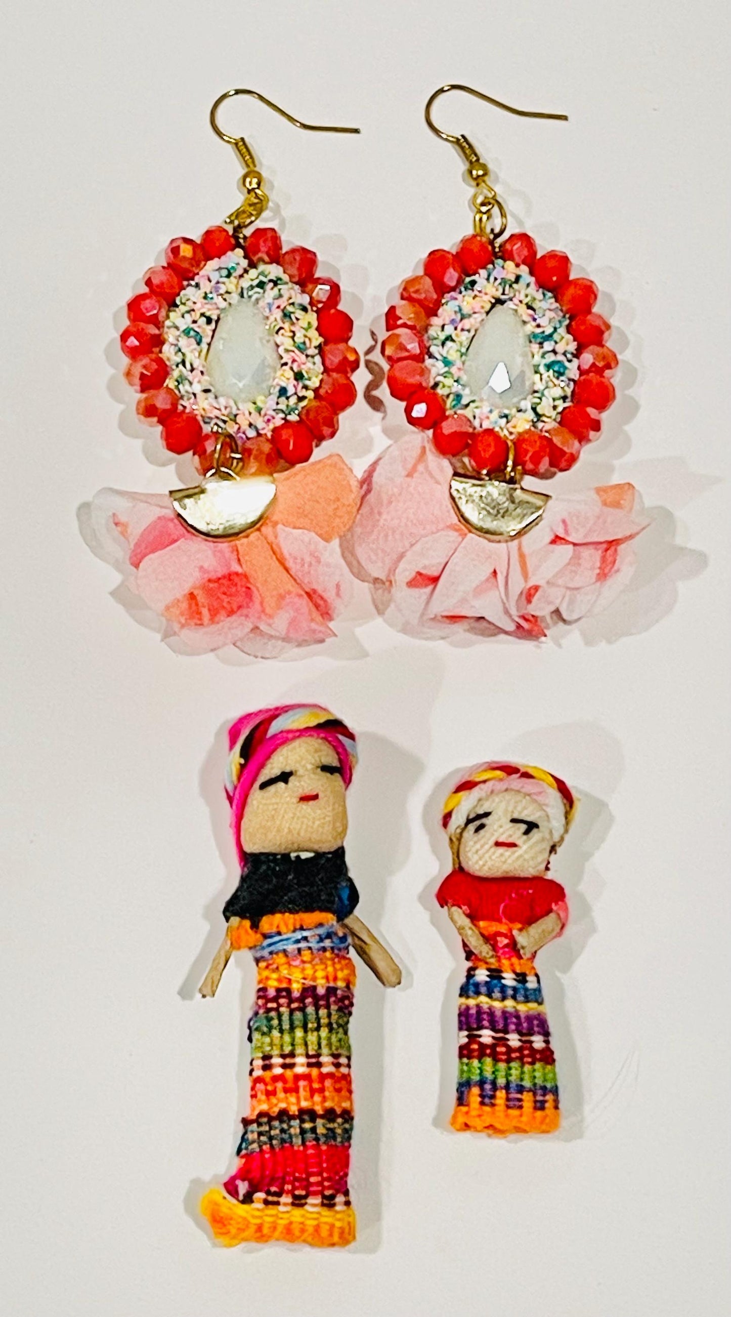 Mexican Artesanal Gift Set Earrings 2 Worry Free Dolls Description Card & Pouch Aretes Artesanales Mexicanos con 2 MuГ±equitas Quita Pena