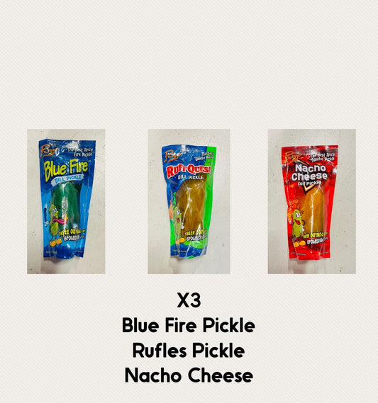 Dill Pickles Different Flavors Blue Fire, Ruffles and Nacho Cheese Flavor