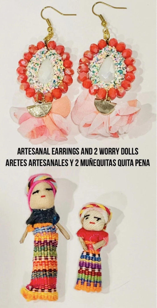 Mexican Artesanal Gift Set Earrings 2 Worry Free Dolls Description Card & Pouch Aretes Artesanales Mexicanos con 2 MuГ±equitas Quita Pena