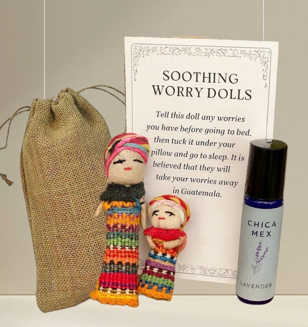 Soothing Worry Dolls Gift Set with Pouch, Description Card & Lavender Oil Handmade MuГ±eca Quitapena con Aceite Lavanda Bolsita y DescripciГіn