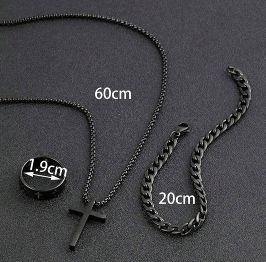 Mens Jewelry Stainless Steel Chain Set Black Cross Cubuan Link Type Necklace Cross Ring and Bracelet
