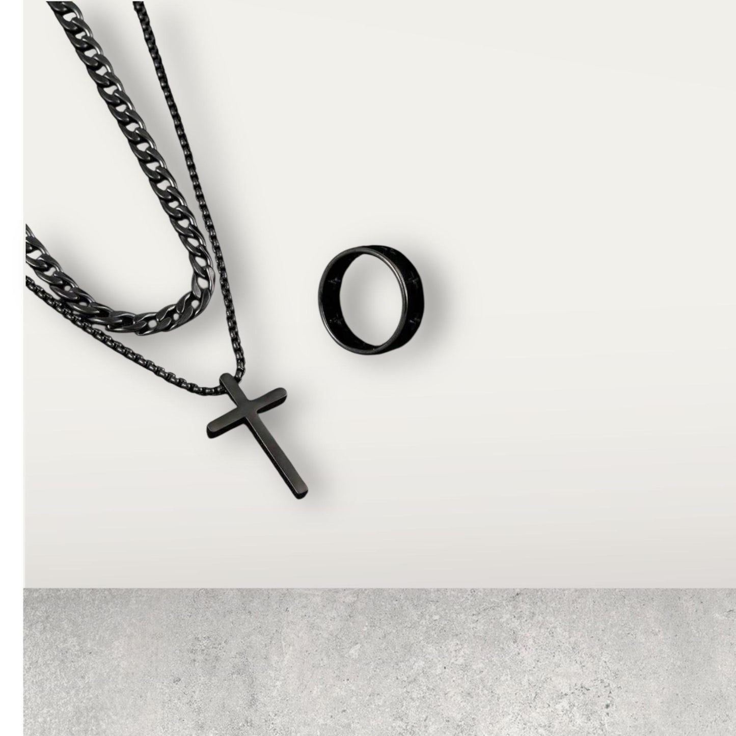 Mens Jewelry Stainless Steel Chain Set Black Cross Cubuan Link Type Necklace Cross Ring and Bracelet