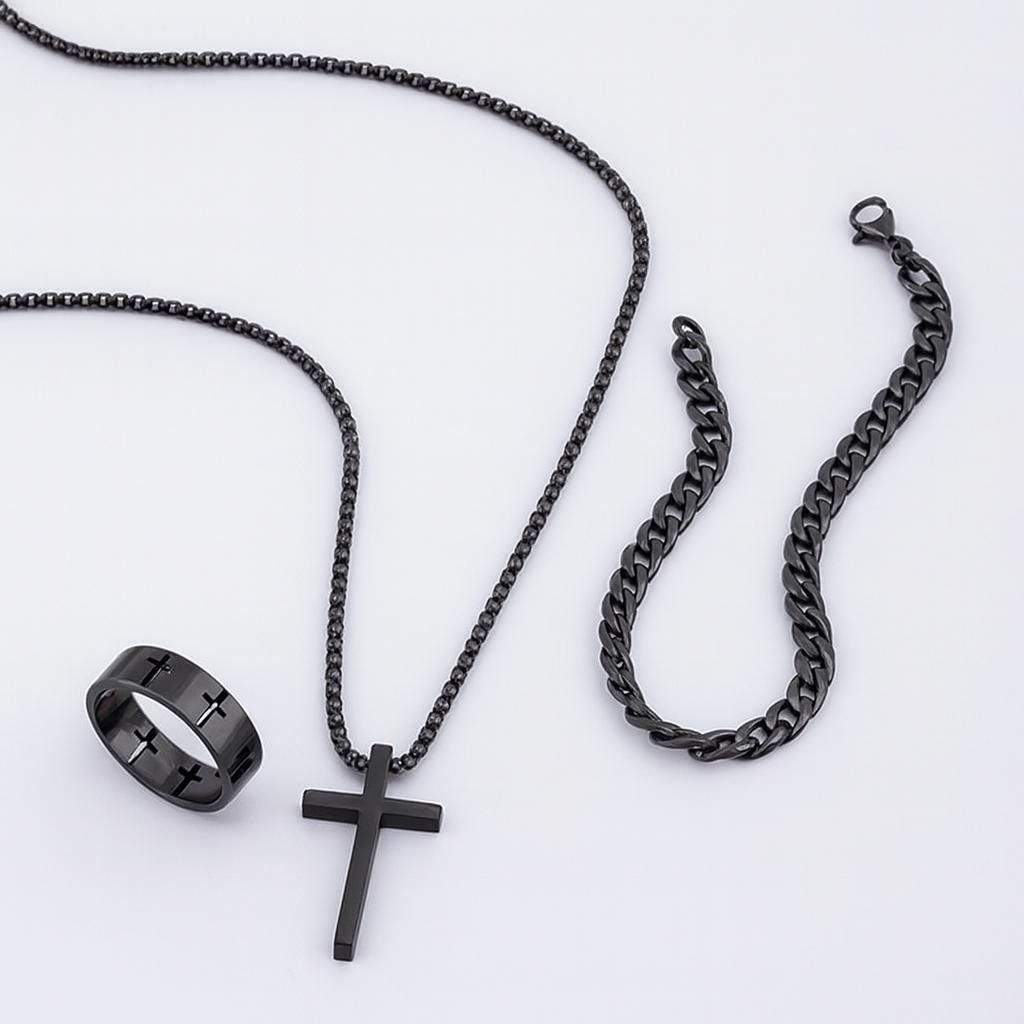 Mens Jewelry Stainless Steel Chain Set Black Cross Cubuan Link Type Necklace Cross Ring and Bracelet