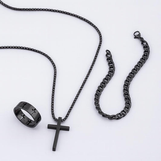 Mens Jewelry Stainless Steel Chain Set Black Cross Cubuan Link Type Necklace Cross Ring and Bracelet