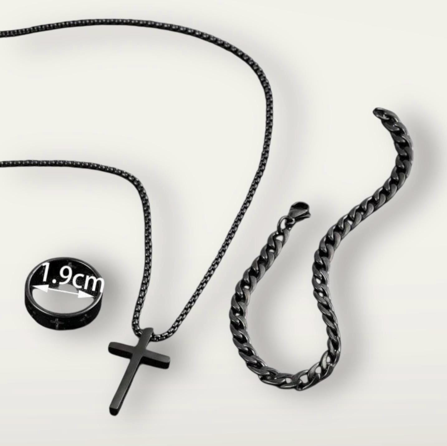 Mens Jewelry Stainless Steel Chain Set Black Cross Cubuan Link Type Necklace Cross Ring and Bracelet