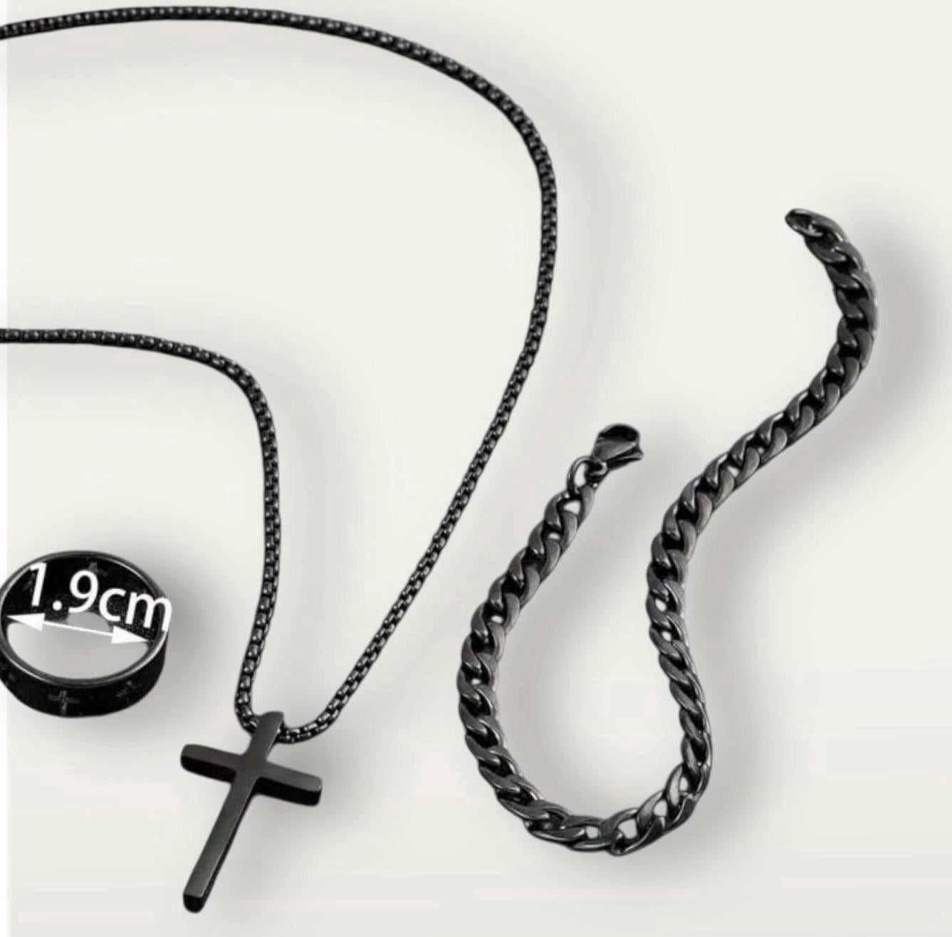 Mens Jewelry Stainless Steel Chain Set Black Cross Cubuan Link Type Necklace Cross Ring and Bracelet