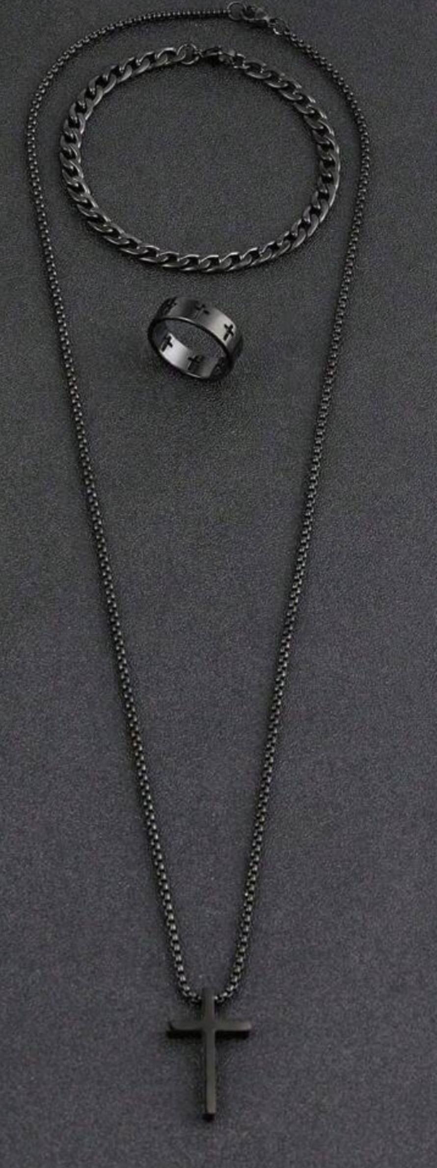 Mens Jewelry Stainless Steel Chain Set Black Cross Cubuan Link Type Necklace Cross Ring and Bracelet