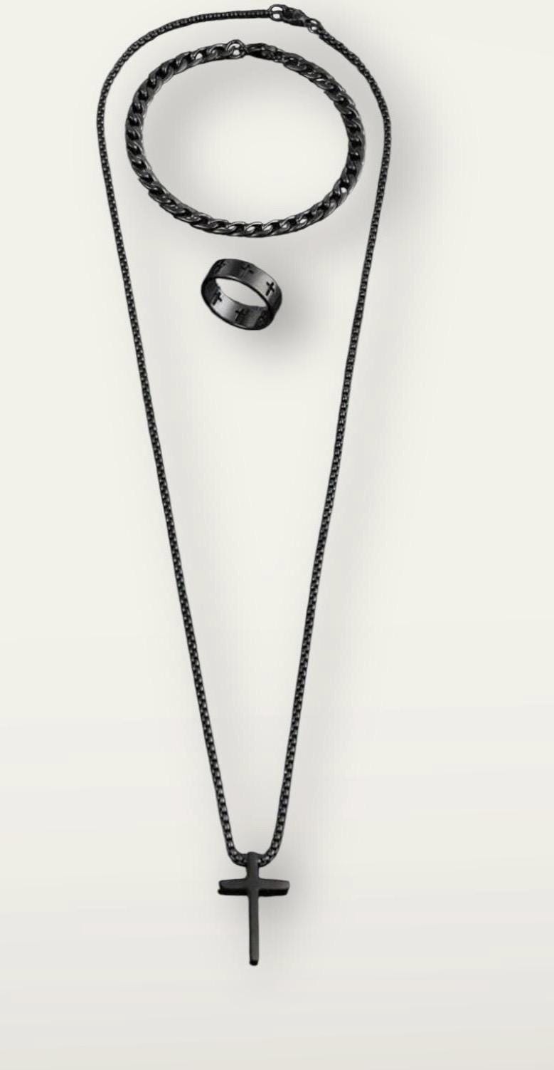 Mens Jewelry Stainless Steel Chain Set Black Cross Cubuan Link Type Necklace Cross Ring and Bracelet