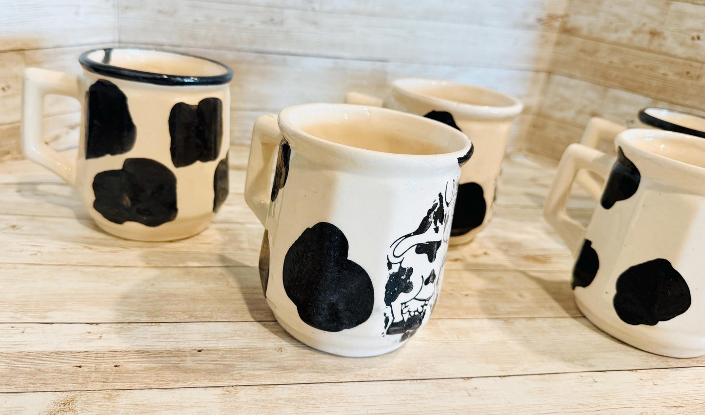 Set of 5 Mexican Cow Print Ceramic Coffee Mugs Rustic Farmhouse Decor 5 Tazas Mexicanas con DiseГ±o de Vaca