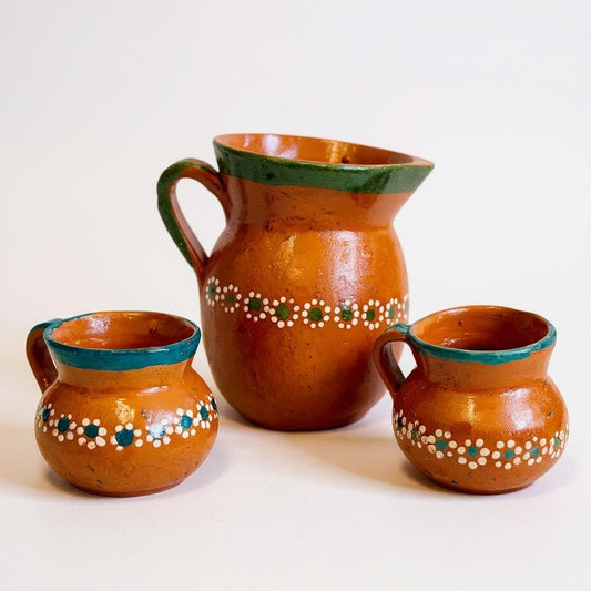 Mexican Terra Cota Pottery Set Coffee/Tea Pitcher with 2 Cups Set de Barro Artesanal Mexicano Jarro con 2 Tazas