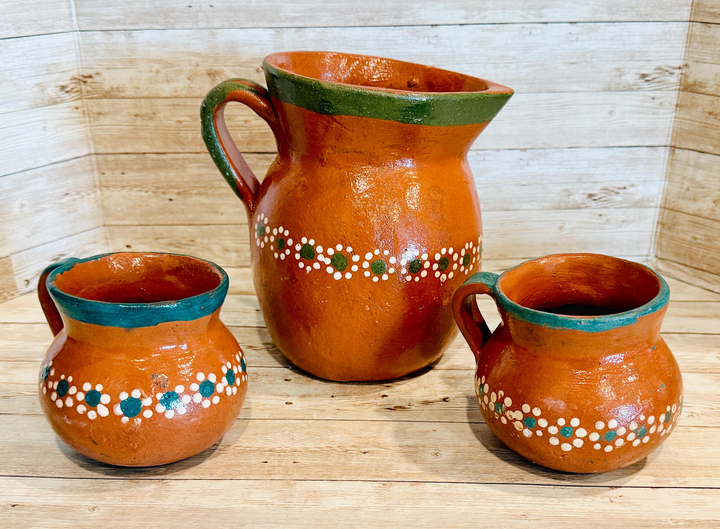 Mexican Terra Cota Pottery Set Coffee/Tea Pitcher with 2 Cups Set de Barro Artesanal Mexicano Jarro con 2 Tazas