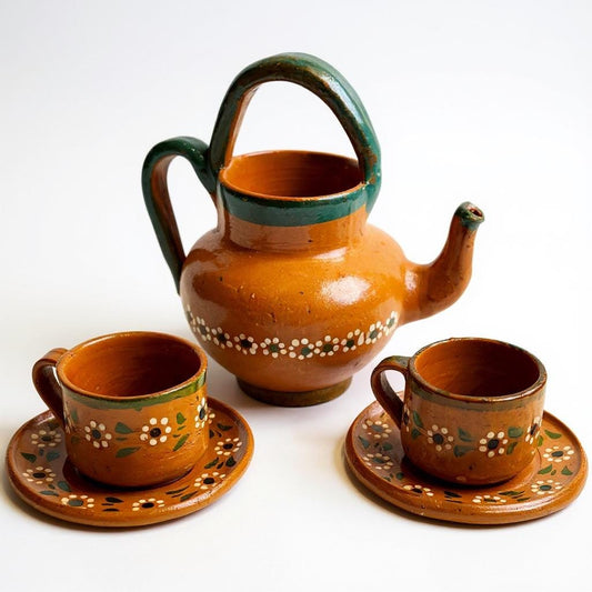 Mexican Terra Cota Pottery Set Coffee/Teapot with 2 Cups & 2 PlatesSet de Barro Mexicano Cafetera Tetera Artesanal con 2 Tazas y 2 Platos
