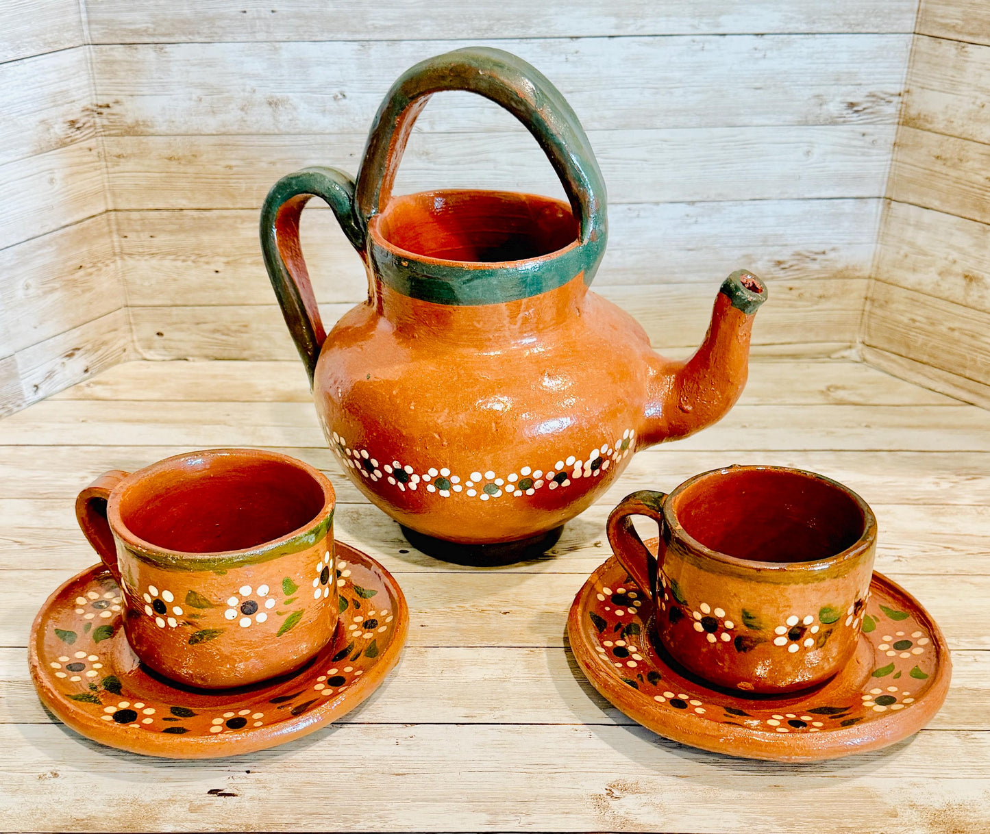 Mexican Terra Cota Pottery Set Coffee/Teapot with 2 Cups & 2 PlatesSet de Barro Mexicano Cafetera Tetera Artesanal con 2 Tazas y 2 Platos