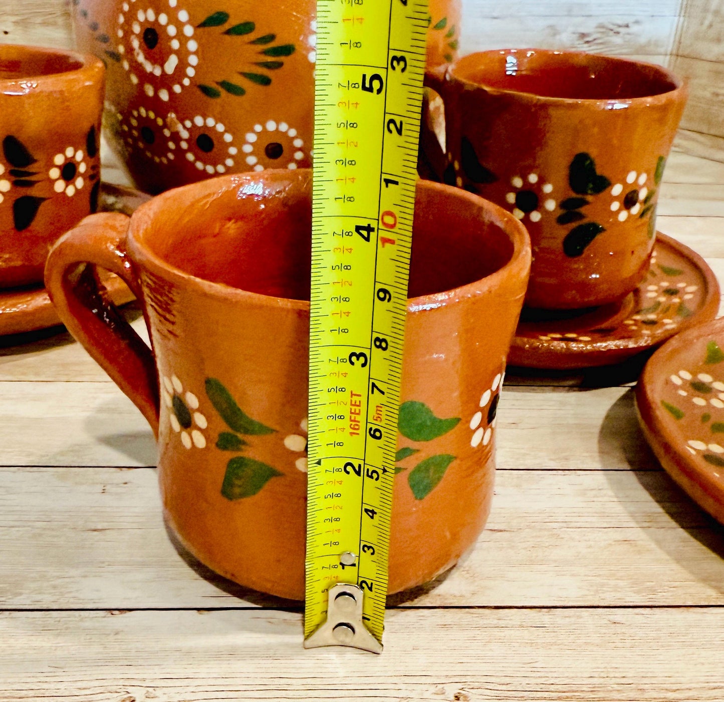 Terra Cotta Mexican Art Pottery Coffee Tea Pitcher Set With 4 Mugs 4 Plates Jarra D Barro Cafetera Artesanal Mexicana con 4 tazas y 4 Platos