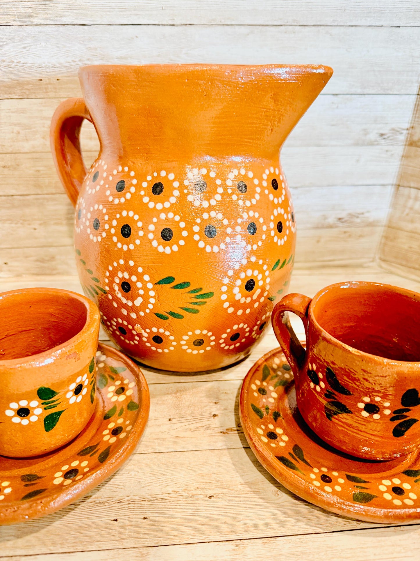 Terra Cotta Mexican Art Pottery Coffee Tea Pitcher Set With 4 Mugs 4 Plates Jarra D Barro Cafetera Artesanal Mexicana con 4 tazas y 4 Platos