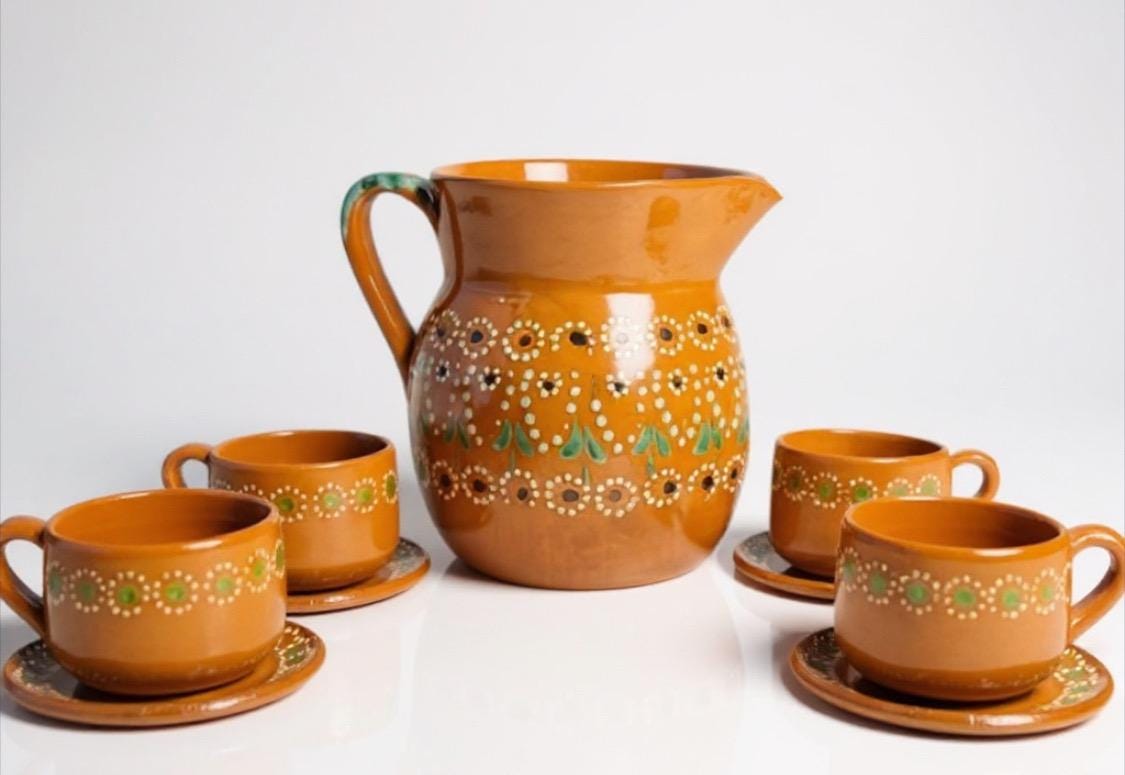 Terra Cotta Mexican Art Pottery Coffee or Tea Set Drinkware 4 Mugs 4 Plates Jarra Lechera de Barro Artesanal Mexicana con 4 tazas 4 platos