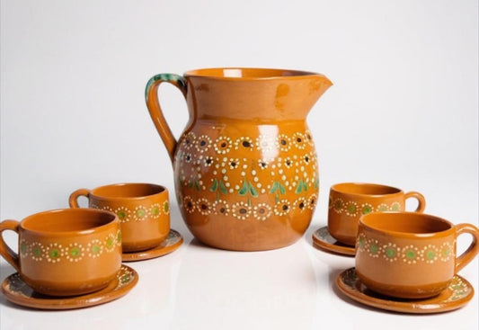 Terra Cotta Mexican Art Pottery Coffee or Tea Set Drinkware 4 Mugs 4 Plates Jarra Lechera de Barro Artesanal Mexicana con 4 tazas 4 platos