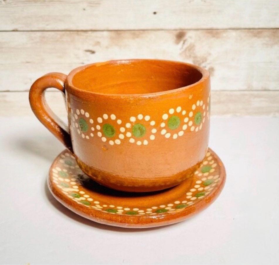 Terra Cotta Mexican Art Pottery Coffee or Tea Set Drinkware 4 Mugs 4 Plates Jarra Lechera de Barro Artesanal Mexicana con 4 tazas 4 platos