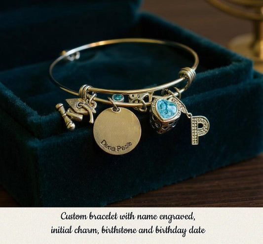 Custom Name Engraved Bangle Bracelet with Birthstone Initial Charm & Birthday Date Pulsera Personalizada Nombre Grabado Piedra Nacimiento