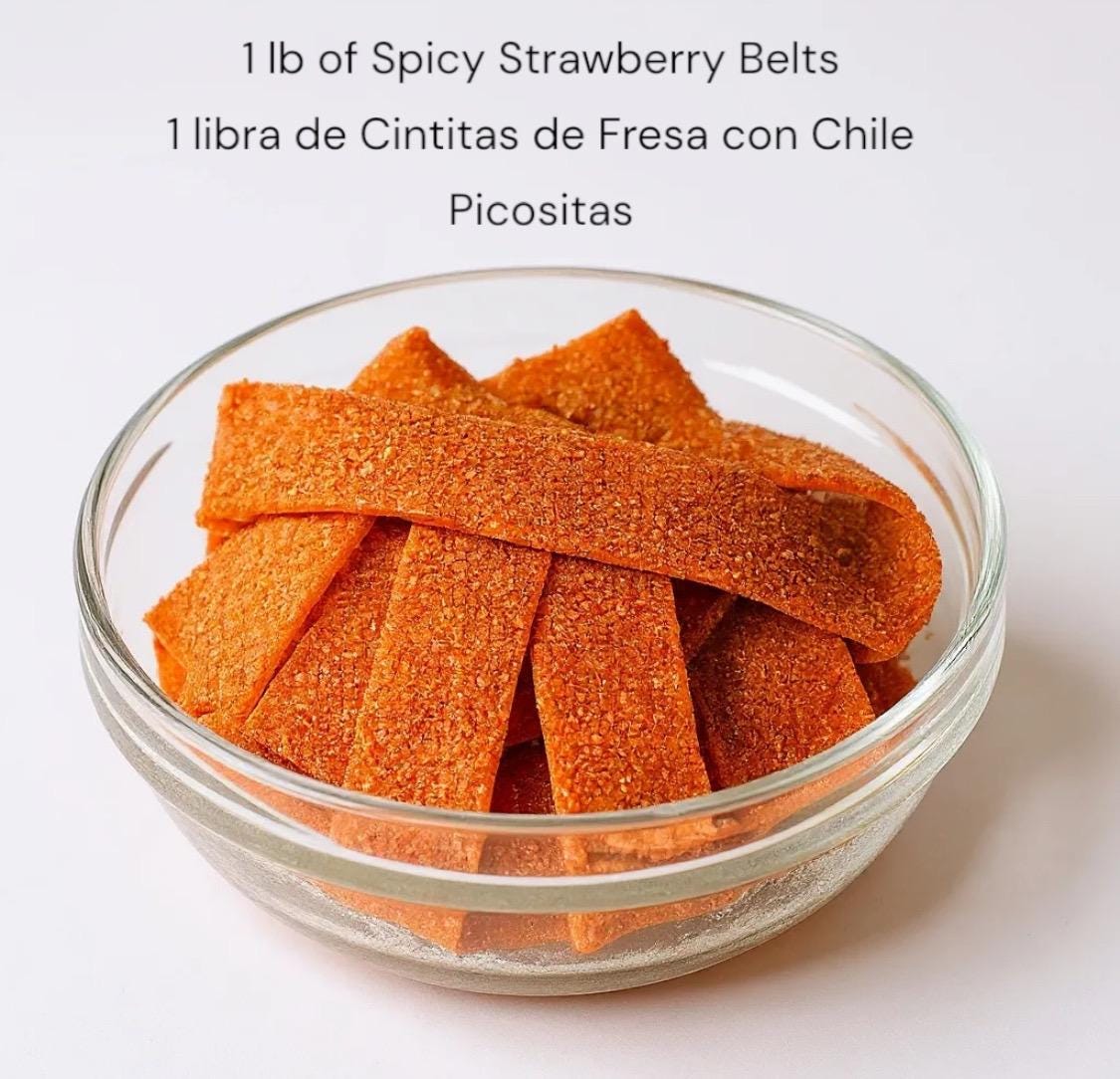 1 lb Mexican Strawberry Spicy Chamoy Belts 1  Libra De Cintitas de Fresa con Chamoy Picosositas Mexicanos Saladitos