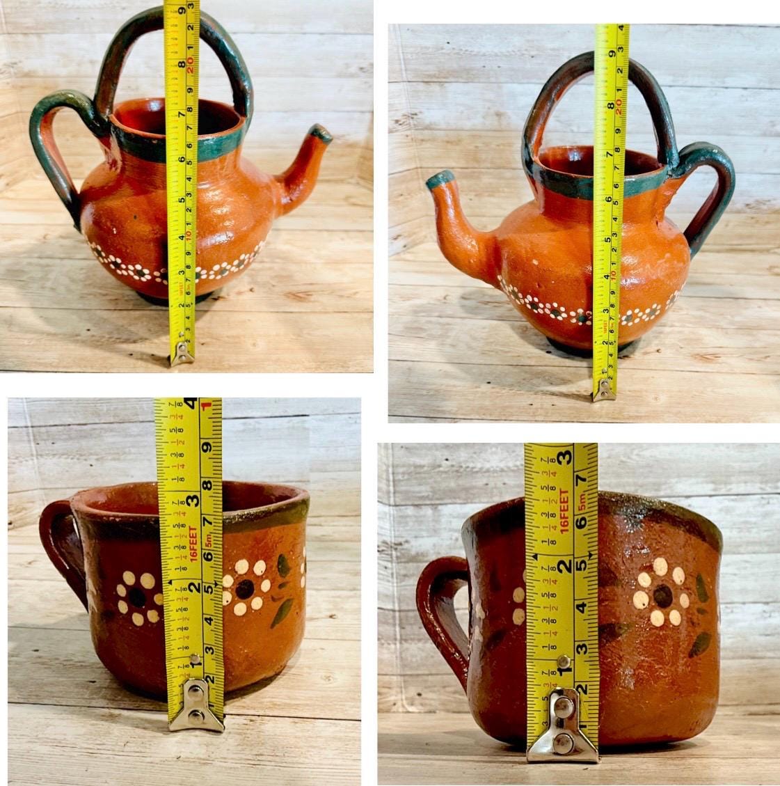 Mexican Terra Cota Pottery Set Coffee/Teapot with 2 Cups & 2 PlatesSet de Barro Mexicano Cafetera Tetera Artesanal con 2 Tazas y 2 Platos