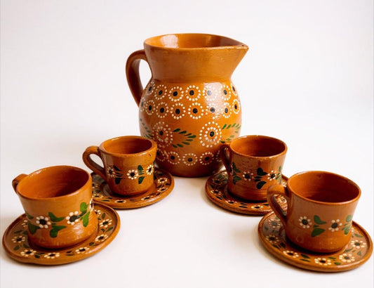 Terra Cotta Mexican Art Pottery Coffee Tea Pitcher Set With 4 Mugs 4 Plates Jarra D Barro Cafetera Artesanal Mexicana con 4 tazas y 4 Platos