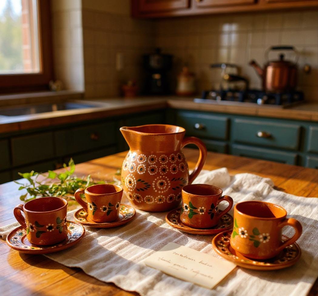Terra Cotta Mexican Art Pottery Coffee Tea Pitcher Set With 4 Mugs 4 Plates Jarra D Barro Cafetera Artesanal Mexicana con 4 tazas y 4 Platos