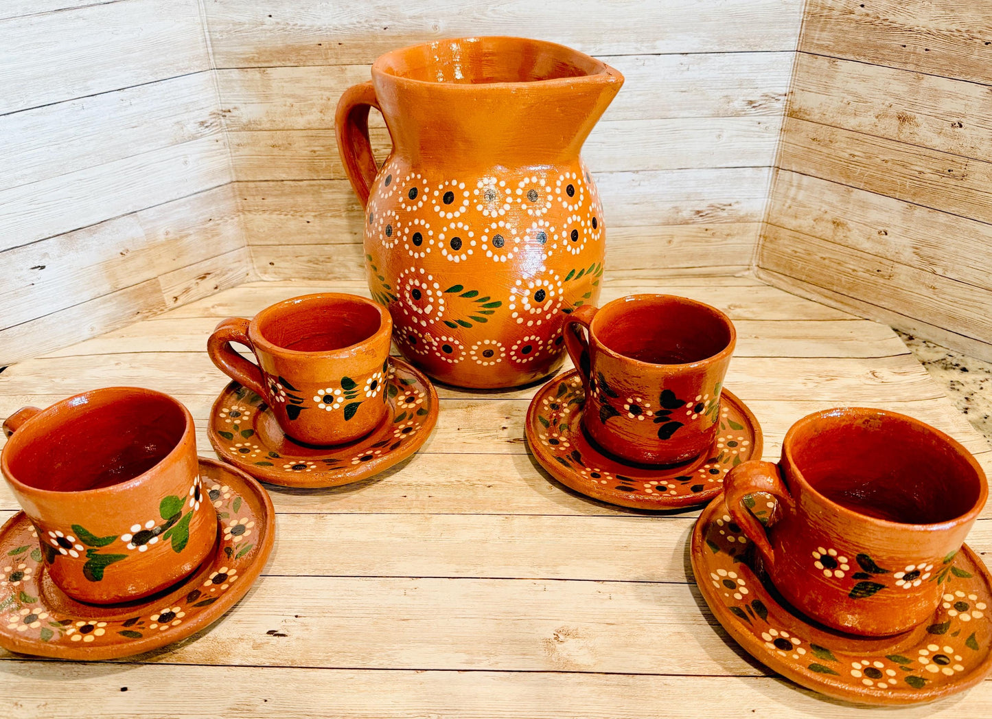Terra Cotta Mexican Art Pottery Coffee Tea Pitcher Set With 4 Mugs 4 Plates Jarra D Barro Cafetera Artesanal Mexicana con 4 tazas y 4 Platos
