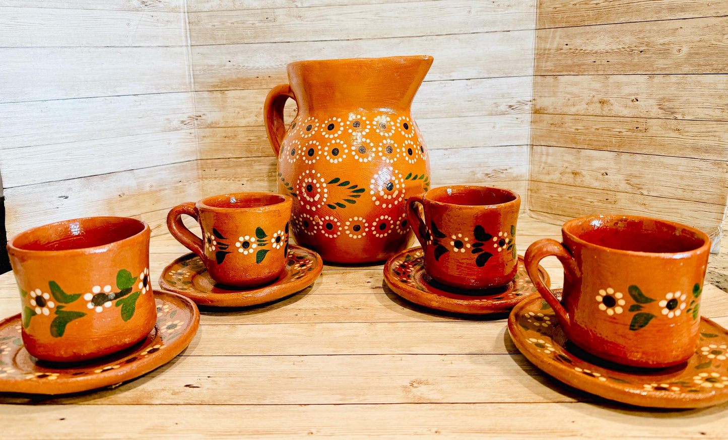 Terra Cotta Mexican Art Pottery Coffee Tea Pitcher Set With 4 Mugs 4 Plates Jarra D Barro Cafetera Artesanal Mexicana con 4 tazas y 4 Platos