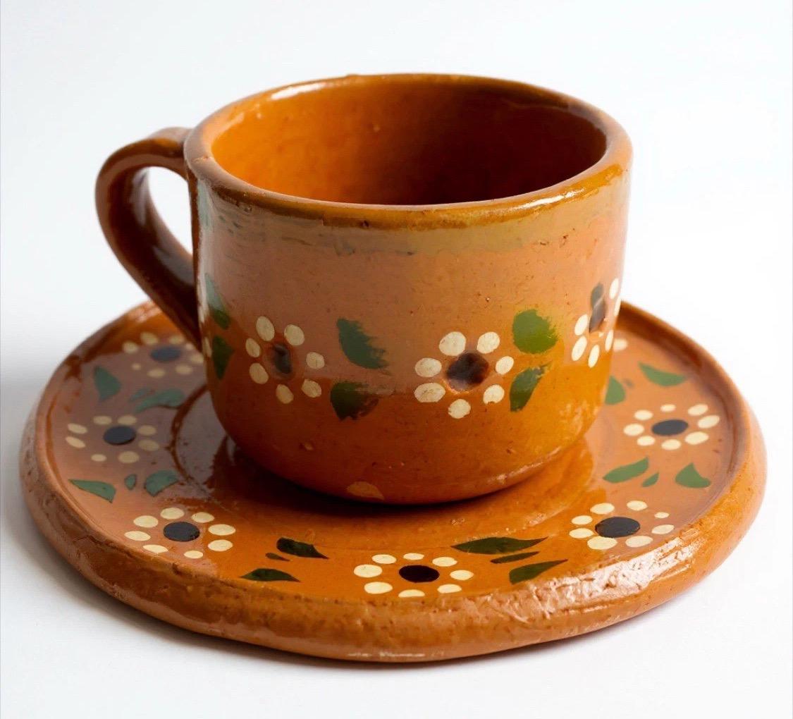 Handmade Mexican Clay Teapot Set Barro Mexicano Teapot with 2 Cups & Saucers Rustic Terracota Pottery Folk Art From Mexico Cafetera de Barro