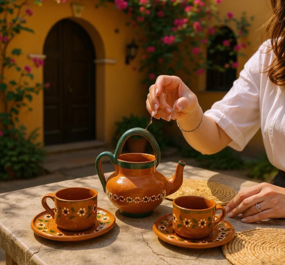 Handmade Mexican Clay Teapot Set Barro Mexicano Teapot with 2 Cups & Saucers Rustic Terracota Pottery Folk Art From Mexico Cafetera de Barro