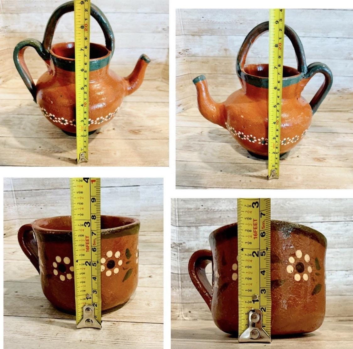 Handmade Mexican Clay Teapot Set Barro Mexicano Teapot with 2 Cups & Saucers Rustic Terracota Pottery Folk Art From Mexico Cafetera de Barro