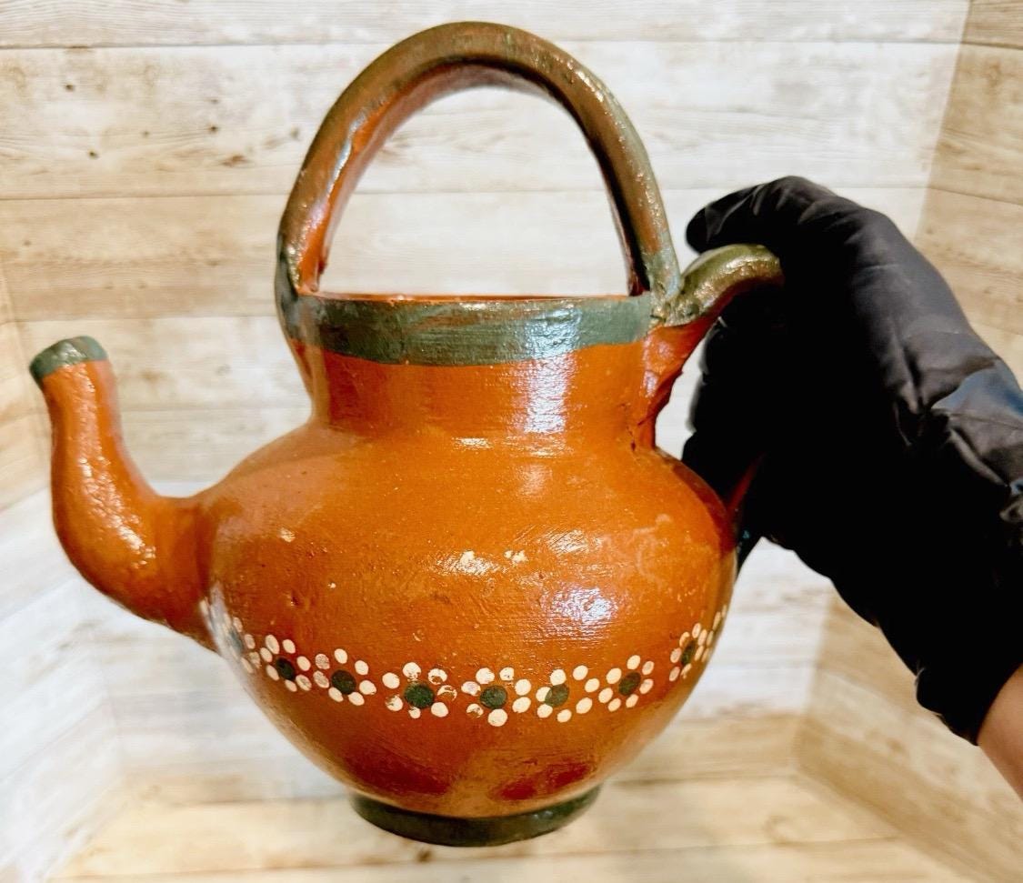 Handmade Mexican Clay Teapot Set Barro Mexicano Teapot with 2 Cups & Saucers Rustic Terracota Pottery Folk Art From Mexico Cafetera de Barro