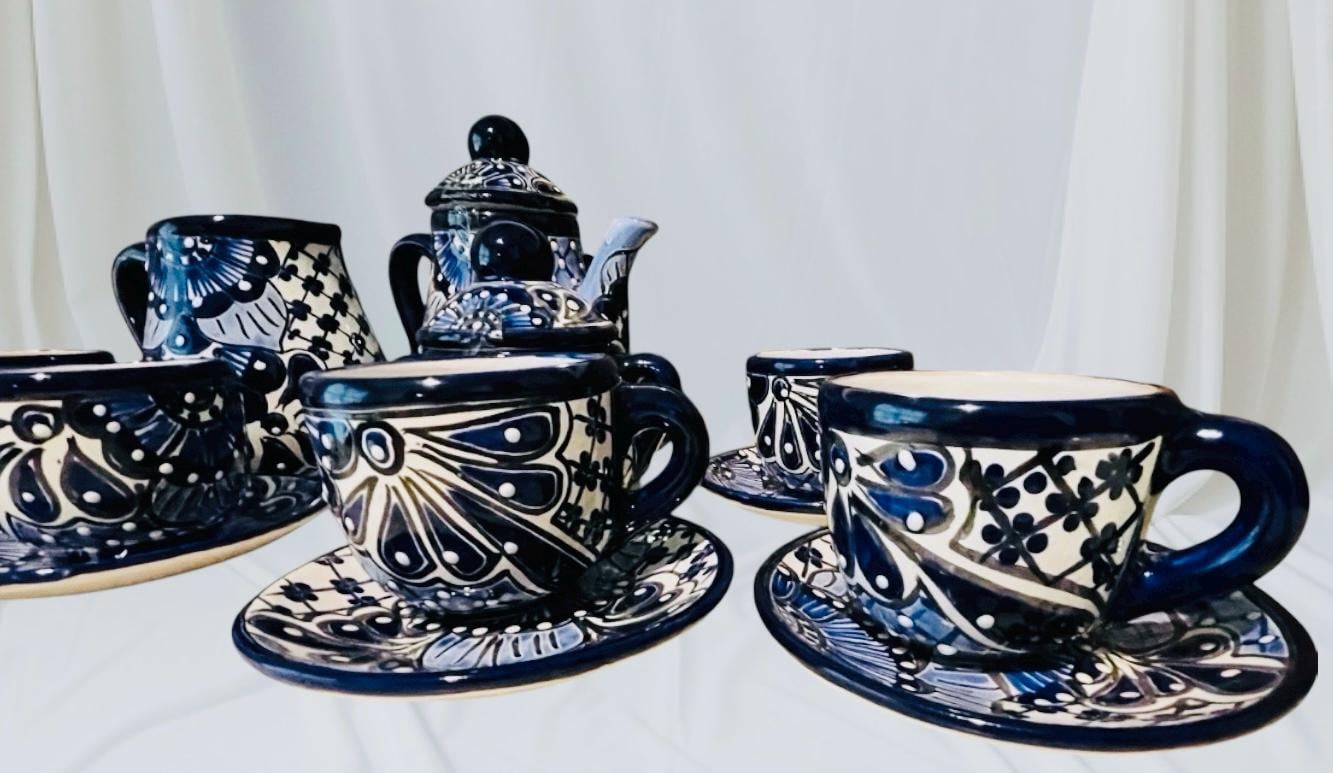 Mexican Talavera Tea Coffee Set Drinkware With 6  Mugs Sugar Bowl Talavera Mexicana de Cafe/Te con Tazas Platos Azucarera y Tetera