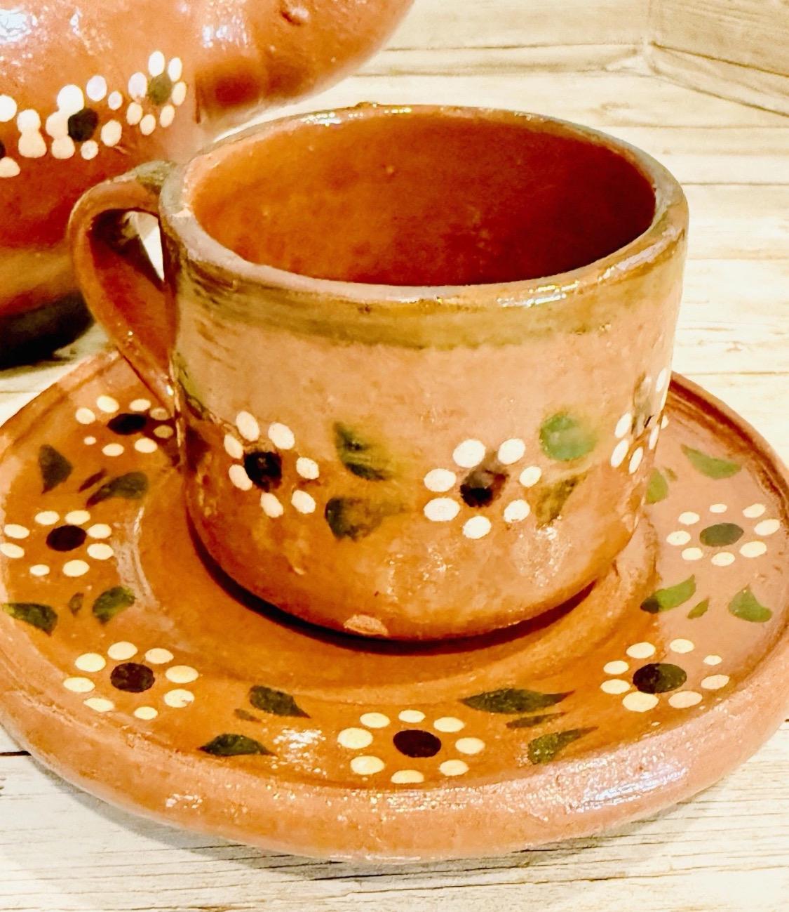 Handmade Mexican Clay Teapot Set Barro Mexicano Teapot with 2 Cups & Saucers Rustic Terracota Pottery Folk Art From Mexico Cafetera de Barro