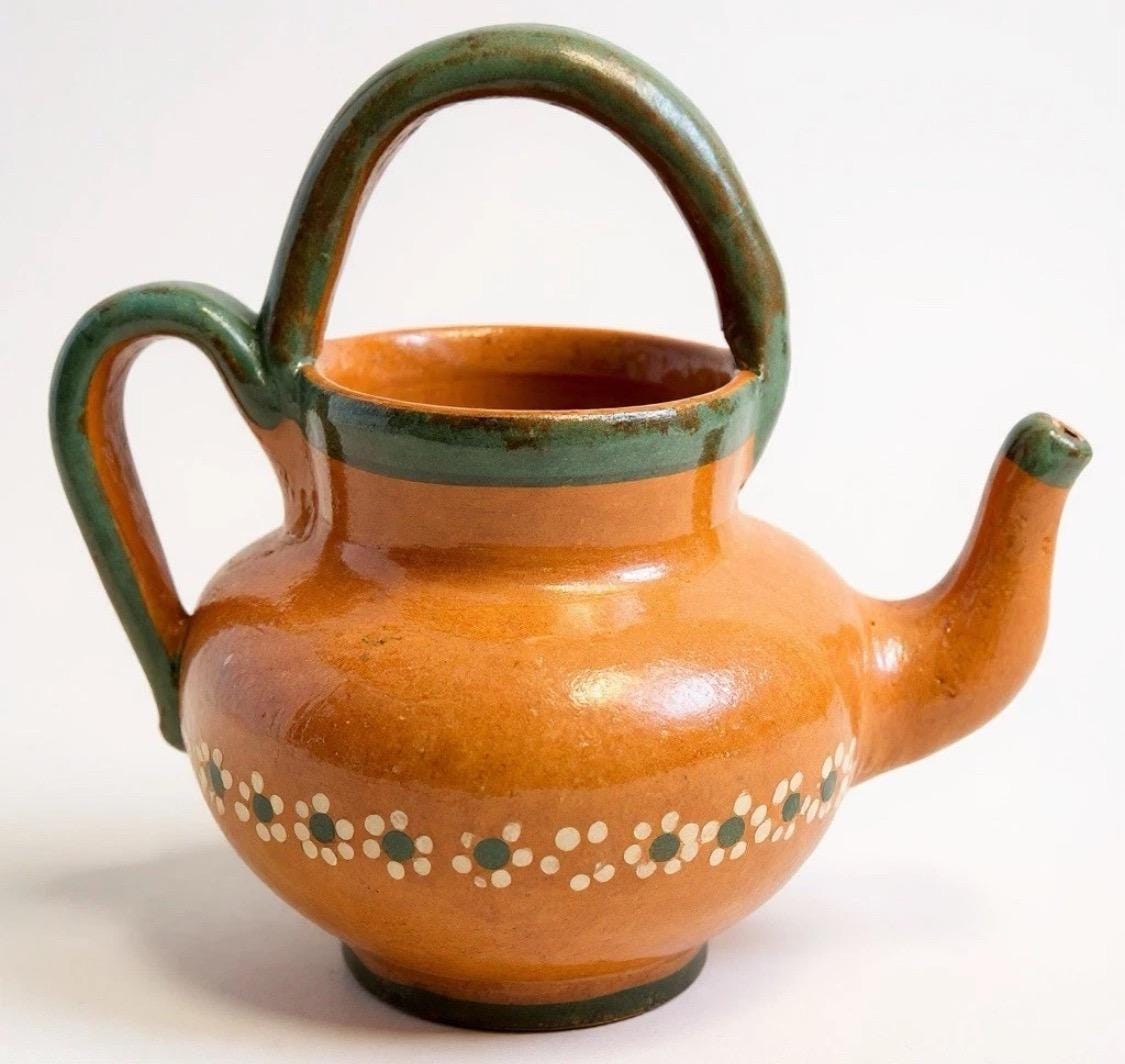 Handmade Mexican Clay Teapot Set Barro Mexicano Teapot with 2 Cups & Saucers Rustic Terracota Pottery Folk Art From Mexico Cafetera de Barro