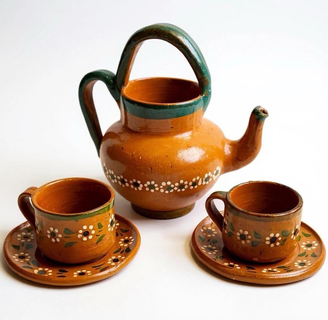 Handmade Mexican Clay Teapot Set Barro Mexicano Teapot with 2 Cups & Saucers Rustic Terracota Pottery Folk Art From Mexico Cafetera de Barro