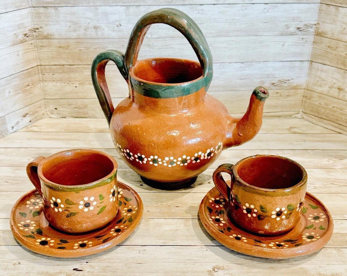 Handmade Mexican Clay Teapot Set Barro Mexicano Teapot with 2 Cups & Saucers Rustic Terracota Pottery Folk Art From Mexico Cafetera de Barro