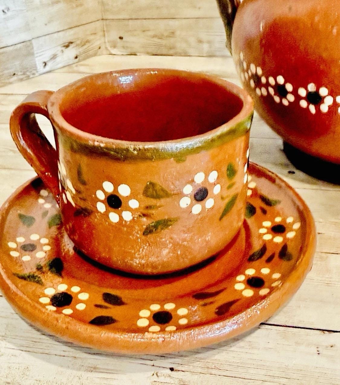 Handmade Mexican Clay Teapot Set Barro Mexicano Teapot with 2 Cups & Saucers Rustic Terracota Pottery Folk Art From Mexico Cafetera de Barro