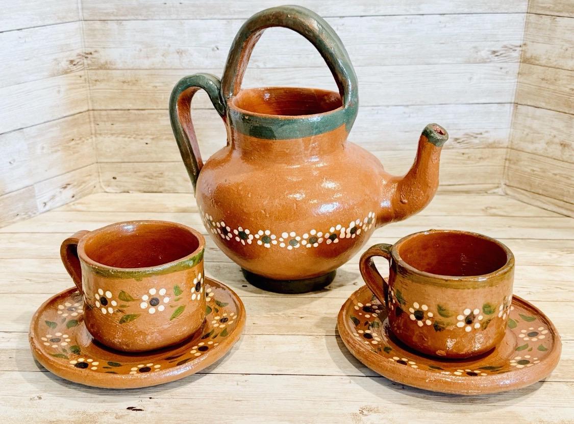 Handmade Mexican Clay Teapot Set Barro Mexicano Teapot with 2 Cups & Saucers Rustic Terracota Pottery Folk Art From Mexico Cafetera de Barro