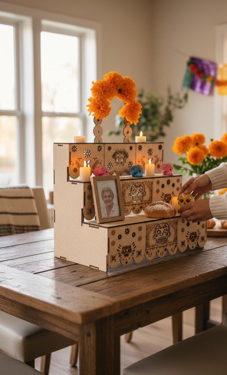 Altar de Ofrenda para Dia De Los Muertos de Madera con Flores y Accesorios  Day of the Dead Wood Offering Altar with Flowers and Accessories