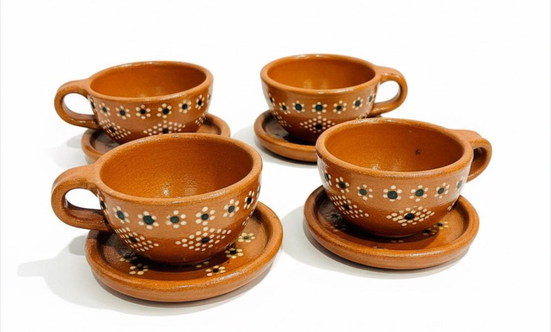 Terra Cotta Mexican Art Pottery Coffee or Tea Cups with Plates Tazas de Barro Artesanales Mexicana con su Platito